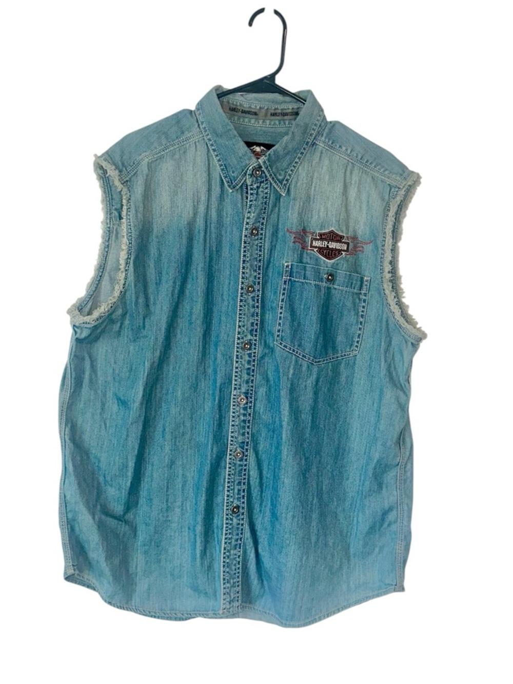 Men’s Harley Davidson Denim Raw Hem Sleeveless Shirt!